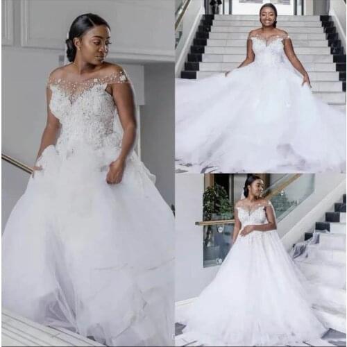 African Plus Size Bridal Gowns White A-Line Off Shoulder Lace Wedding Dresses Sheer Neck Straps Beads Crystals Tiered Skirts