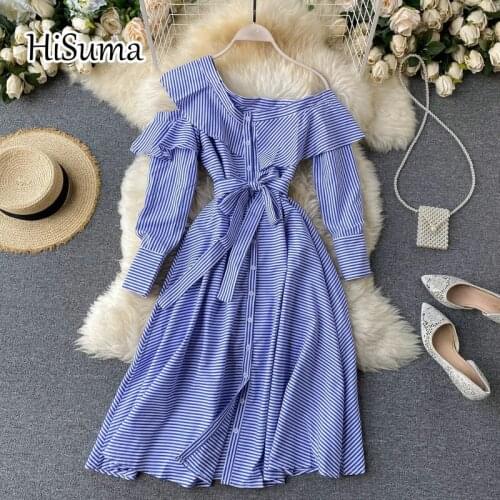 2021 spring new women striped Oblique collar Singe breasted ruffles chiffon A-line dress female Chic elegant waist dresses