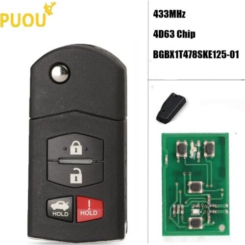 4 Button 315MHz Filp Key Keyless Entry Remote Control Key Fob Transponder 4D63 Chip For Mazda 3 5 6 CX-7 CX-9 BGBX1T478SKE125-01
