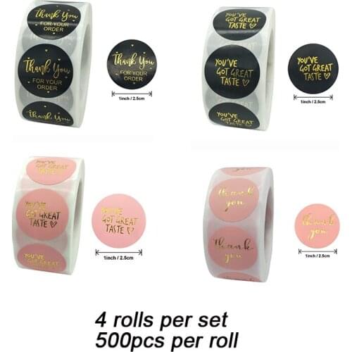 4 Rolls/Set, 500Pcs/Roll Pink and Black Thank You Stickers 2.5cm Round Bronzing Handmade Stickers Cake Shop Sealing Labels