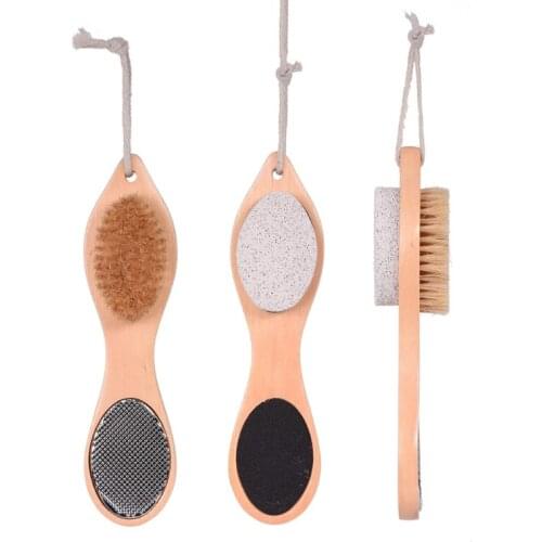 4 In 1 Multi-Use Foot File Brush with Wooden Handle Double Sided Callus Remover Dead Skin Crack Exfoliator Rasp Scrubber Pumice