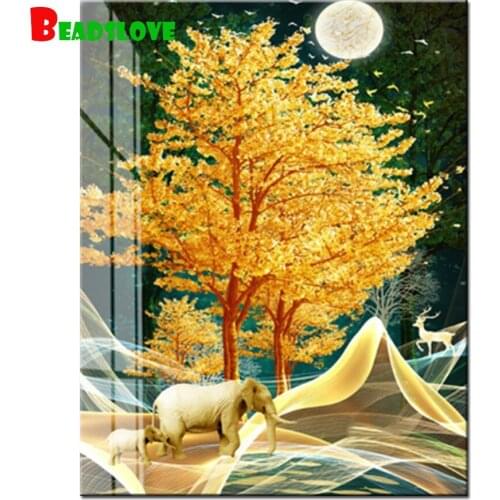 5D DIY Diamond Painting Golden elephant tree animal moon Full Square round drill diamond Embroidery Cross Stitch kit Decor 2020
