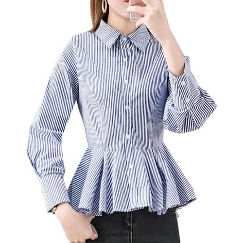 WomenS Spring Autumn Style Blouses Shirts WomenS Button Striped Long Sleeve Ruffles Korean Elegant Tops SP677