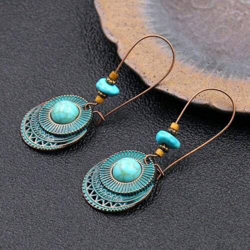 Indian Jhumka Vintage Bronze Round Dangle Earrings Thailand Ethnic Blue Natural Stone Hanging Earrings For Women Gypsy Jewelry