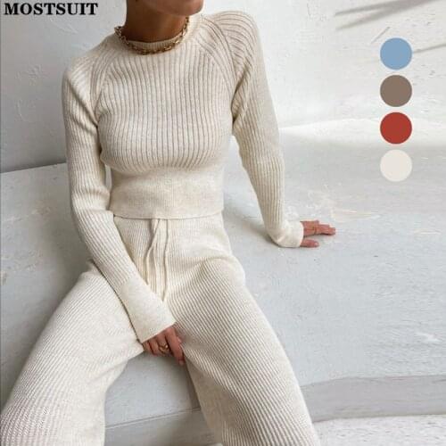 Solid Casual Knitted Two Piece Pants Set Women Crop Tops Sweater + Wide Leg Pants Tracksuits Slim Fashion Female 2 Piece Set