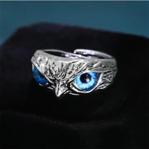 Creative Silver Colour Owl Ring Fashion Blue Cat Eye Animal Womens Ring Punk Mens Accessories Unusual Ring Gift