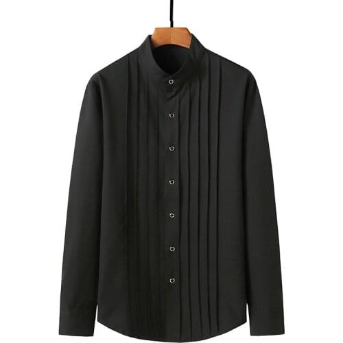 Fall New Style Mens Fashion Simple Inner Wear Business Pleated Stand Collar Long Sleeve Shirt