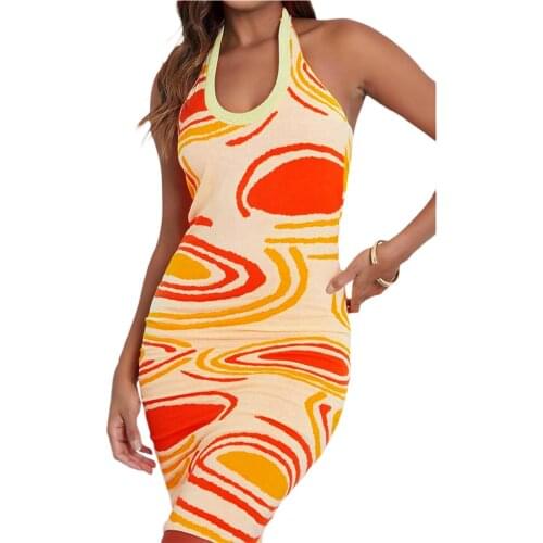 Puloru Women Halter Knitted Dress Elegant Office Lady Backless Skinny Mid-length Dress Party Daily Wear Summer Sleeveless Dress