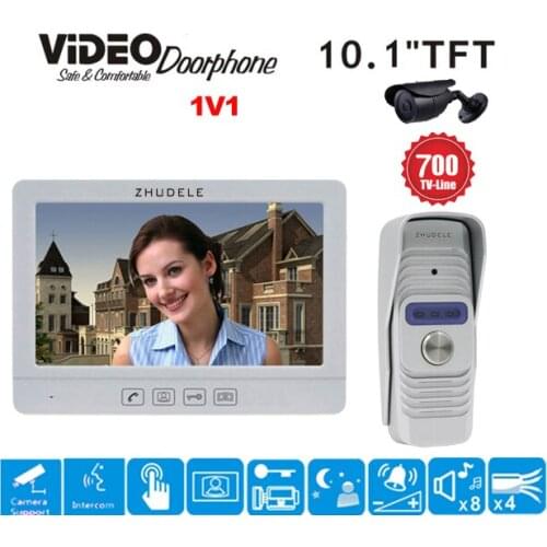 ZHUDELE New Arrival Outdoor Camera 10.1" Display Wired Video Door Phone Touch Button Doorbell Intercom IR 700TVL HD Camera 1V1