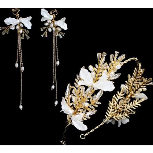 Bridal Wedding Headdress, Crystal Head Flower Alloy Crown Headband, Petals, Pearl Ear Clip Set