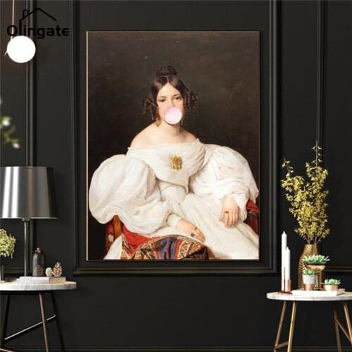 Vintage Women Chewing Bubble Gum Canvas Painting Prints Retro Portrait Wall Art Picture One Piece Canvas Poster Home Decoration