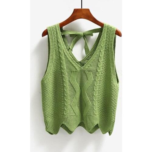 Sweater Vest Women Solid V-neck Knitted Backless Bow Sweaters Vests Womens Fashion Chic Korean Style Waistcoats All-match Simple