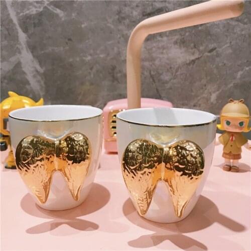 1pc Cute Mug With Gold Angel Wing Ceramic Cup Pearl White For Breakfast Coffee Latte Milk Unique Gift For Her Mom Boss 200ml