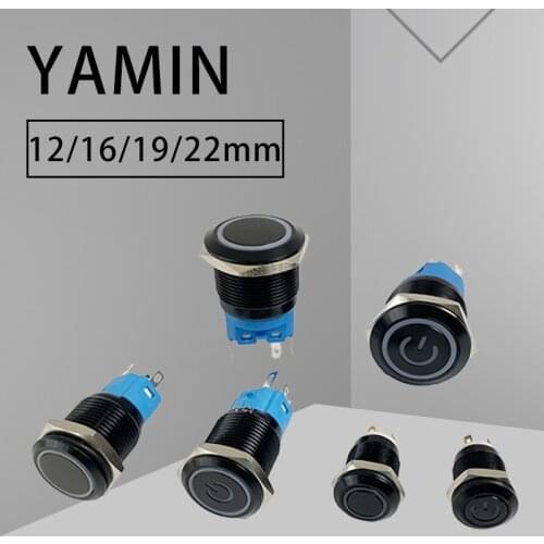 12/16/19/22mm Momentary Reset Latching Lock Black Shell Metal Push Button Switch Waterproof LED Light Flat Round 6V 12V 220V