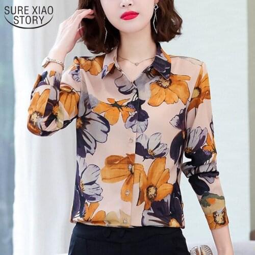 2021 Spring Autumn Cardigan Clothes Fashion Floral Print Shirt Women Long Sleeve Print Chiffon Blouse Plus Size S-4XL Tops 10474