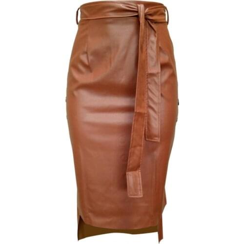 50% HOT SALES!!!Sexy Women Autumn Winter Faux Leather Bandage Button Bodycon Split Midi Skirt