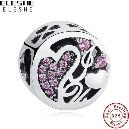 ELESHE 925 Sterling Silver Purple Pink CZ Beads I Love You Fine Charms Fit Original Bracelet DIY Jewelry Valentines Day Gift