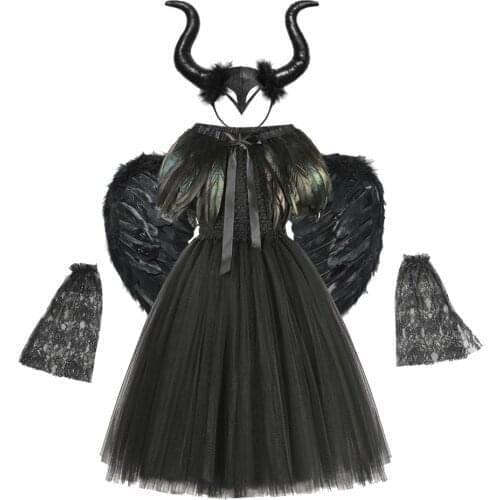 Kids Black Devil Tutu Costume Gothic Halloween Girls Fancy Tutu Dress with Feather Shawl Royal Dark Queen Maleficent Gown Dress