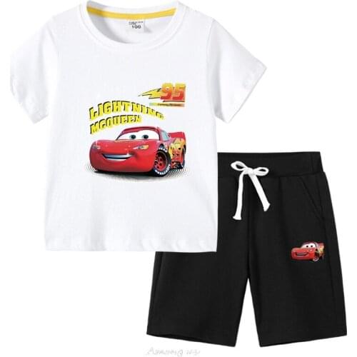 Childrens McQueen Car 95 Print Outfit Boy Summer Set 2pcs Fashion Clothes Boys Cartoon Costumes Kids Cotton Tshirt Disney