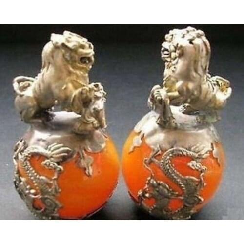 QUARTZ CRYSTAL home decoration Rare Natural CHINESE PAIR OF Tibet SILVER DRAGON JADE Foo dog STATUE Stone