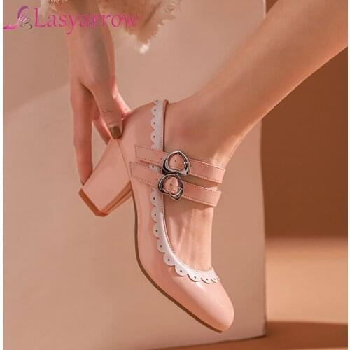 Lasyarrow Summer Concise Black Pink Pu Patent Leather Block Chunky Heel Student Princess Dress Show Mary Jane Shoes Pumps Women
