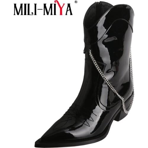 MILI-MIYA 2021 New Autumn Patent Leather Mid Calf Boots Chain Pointed Toe Chunky High Heels Motorcycle Wesoe Size 34-40 Handmade