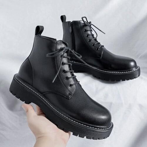 New Black Thick Base Ankle Boots Men Fall British Trend Shoes Hight-Top Korean Casual Mens Shoes High Quality Pu Leather Boots