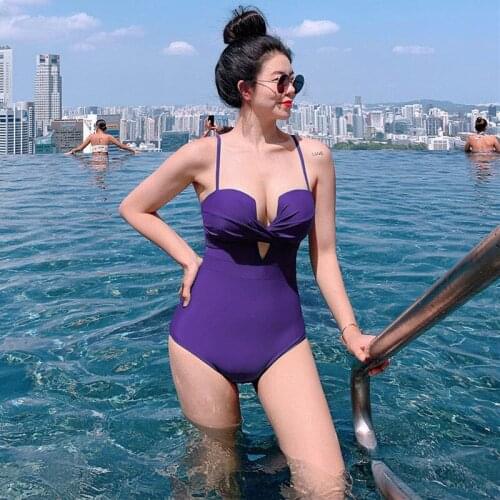 2021 New Korean Style Bodysuit Women Solid One Piece Swimsuit High Cup Monokini Swimwear Bathing Suit Swim Beachwear