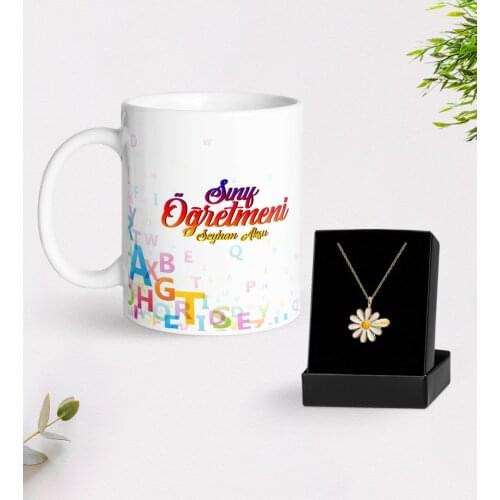 Personalized Class Teacher White Mug and Daisy Necklace Gift Set