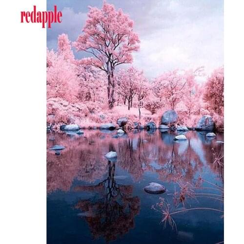 Full diamond embroidery landscape Pink Tree Scenic 5d diamond painting cross stitch diy diamond mosaic natural lake scenery