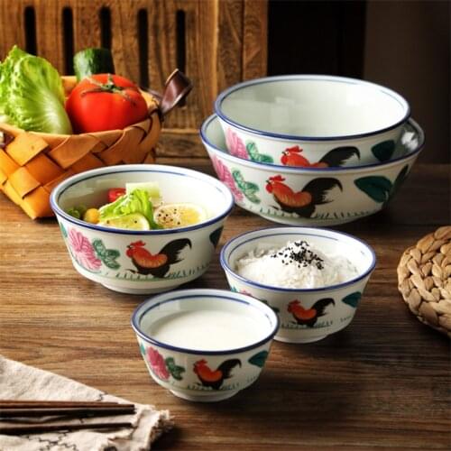 Retro Porcelain Palace Noodle Bowl For Restaurants Hotel Kitchen Tableware Ceramic Big Red Rooster Pattern Rice Soup Bowl Gift