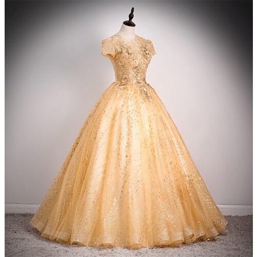 Luxury golden embroidery beading flowers short sleeve ball gown opera medieval Renaissance Victoria dress ball gown