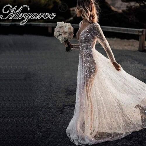Mryarce Glitter Luxury Beaded Sequin Wedding Dress Long Sleeve Open Back Bridal Gowns