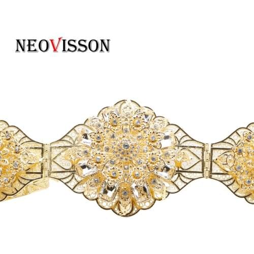 NEOVISSON Big Size Crystal Caftan Belt Algeria Women Ethnic Wedding Jewelry Gold Color Metal Chain