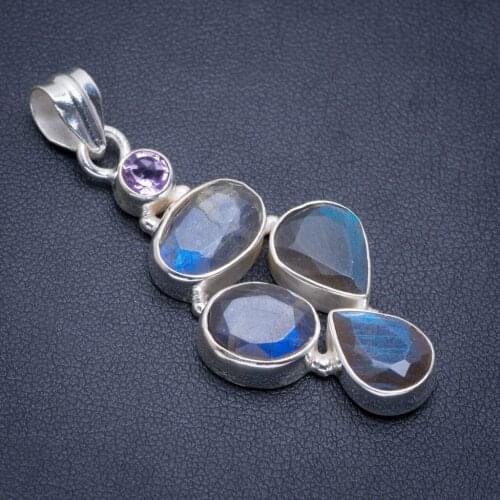 Natural Blue Fire Labradorite and Amethyst Handmade Unique 925 Sterling Silver Pendant 2" A1822
