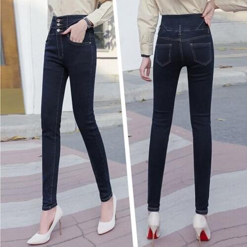 Spring New Limited-time Specials Three Buttons Jeans Woman High Waist Stretch Skinny Pencil Denim Pants Female Elegant Trousers