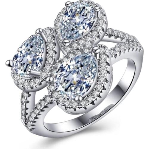 Luxury Shining Three White Pear-shape Cubic Zircon Stone Rings For Women Fashion Engagement Party Jewelry Valentines Day Gift