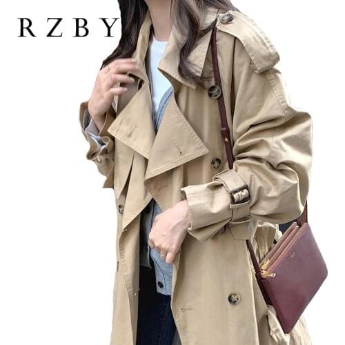 RZBY Women Long Trench Coat Chic Women Casual Overcoat with Belt Winter Fashion Double-breasted Ladies Windbreaker Femme