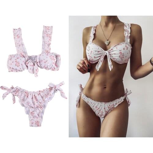 Womens Floral Printed Bikini Suit Sexy Swimsuit Tie Knot Front Floral Print Beach Wear Padded Swimwear Set