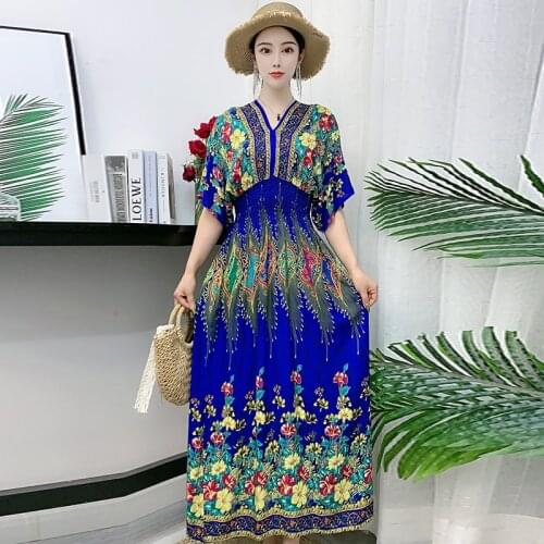 2021 Summer Runway Boho Floral Maxi Dress Womens short Sleeve V-Neck Elegant Party Long Dress