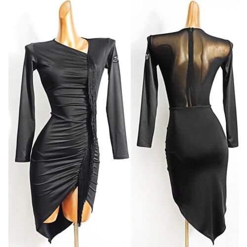 2020 Latin Dance Dress Sexy Mesh Long Sleeve Dresses Competition Show Wear Rumba Tango Salsa Cha Cha Salsa Female Adult DN4303