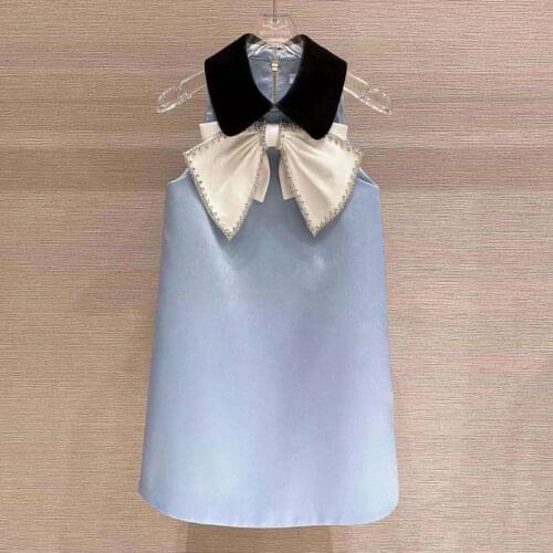 High-End Customization French Style Women Sweet Diamonds Bow Doll Collar A-Line Sleeveless Dress