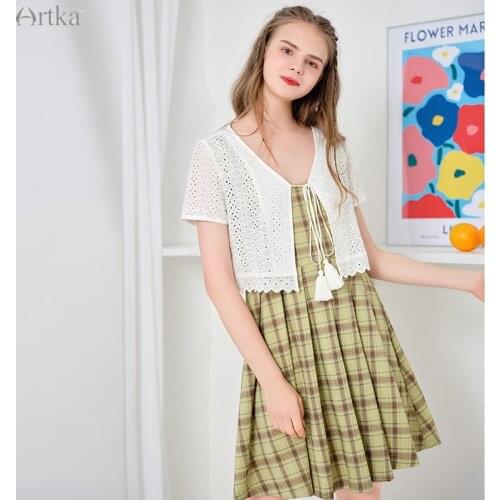ARTKA 2021 Summer New Women Dress Fashion Bear Embroidery Plaid Pleated Dresses High Waist Sleeveless Midi Tank Dress LA20307X