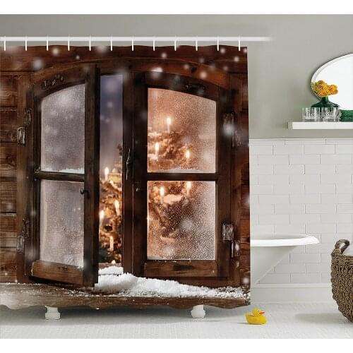 Winter Shower Curtain Close up Snow on Vintage Wooden Christmas Window Pine Christmas Tree Inside Cabin Home Decor Bath Curtains