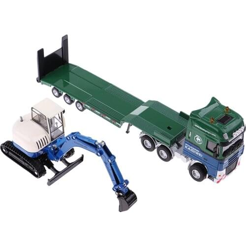 1/50 Engeering Car Model Flatbed Trailer+Excavator Kit Child Pull Push Toys