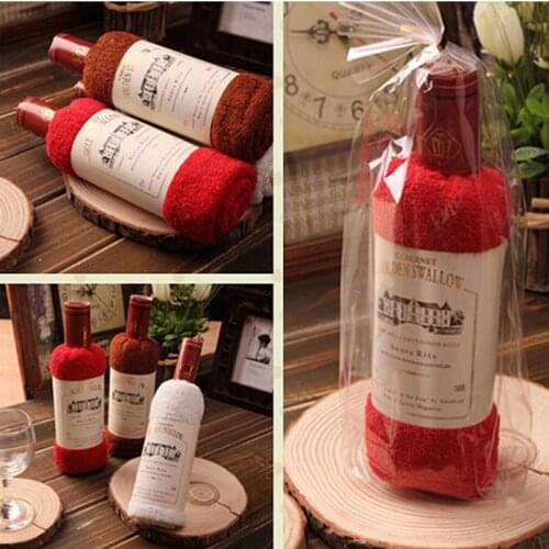 1Pcs 34cm*75cm Creative Red Wine Bottle Shape Towel Gift Opp Bags Single Wine Bottle 100% Cotton Towel Cake Gift