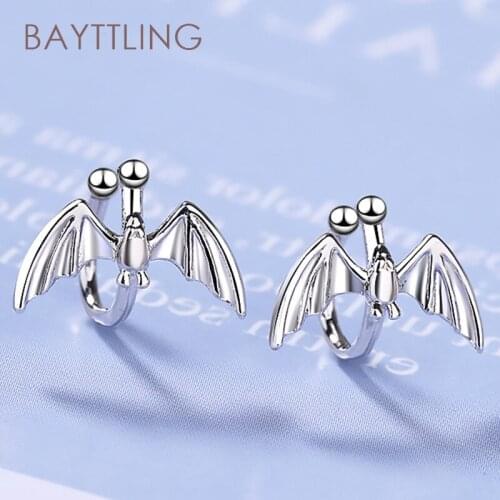 BAYTTLING 925 Sterling Silver 10MM Fine Black/Silver Carved Bat Ear Clip Earrings For Women Fashion Christmas Gift Jewelry