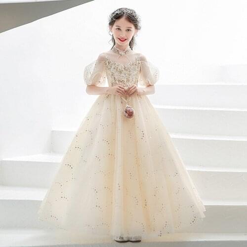 Children Girls Elegant Champagne Color Birthday Wedding Party Princess Fluffy Dress Kids Teens Model Show Catwalk Piano Dress