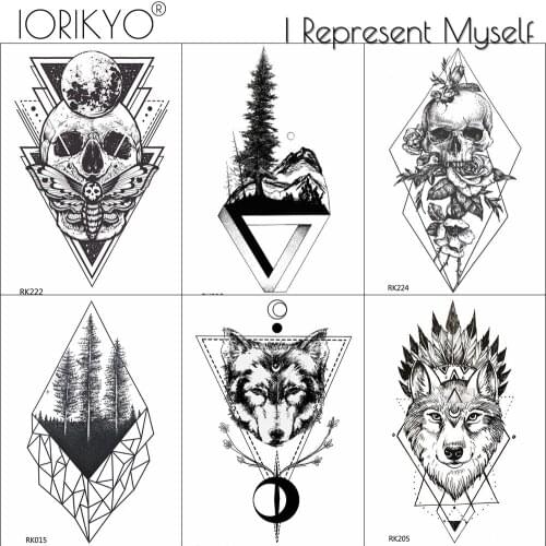 Geometric Wolf Moon Black Body Arm Small Fake Tattoos Stickers For Women Men Temporary Tatto Pine Tree Custom Waterproof Tattoo