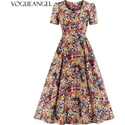 Hepburn Style O Neck Floral Print Vintage Clothes for Women Retro Short Sleeve Lace-up Big Swing Dress 50s 60s Cotton Dress